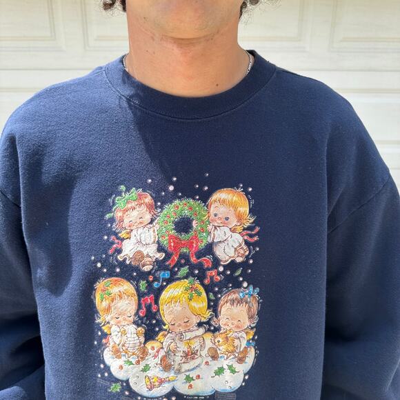 Vintage 90s Women's Christmas Angel Babies Crewneck Size L - Picture 2 of 6